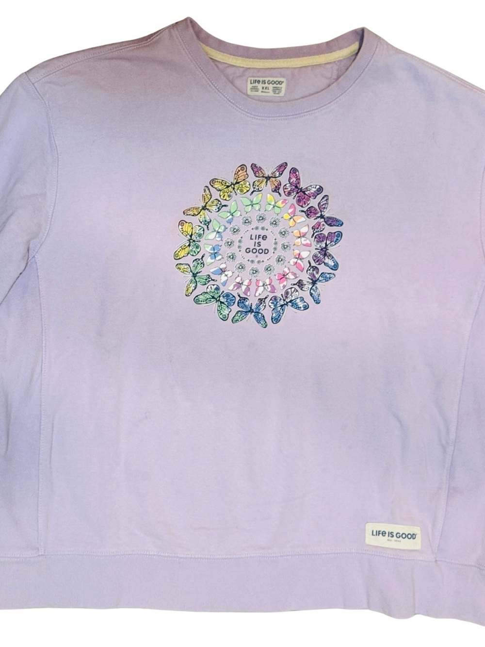 Life Is Good Lavender Crewneck Sweatshirt with Rainbow Butterfly Mandala